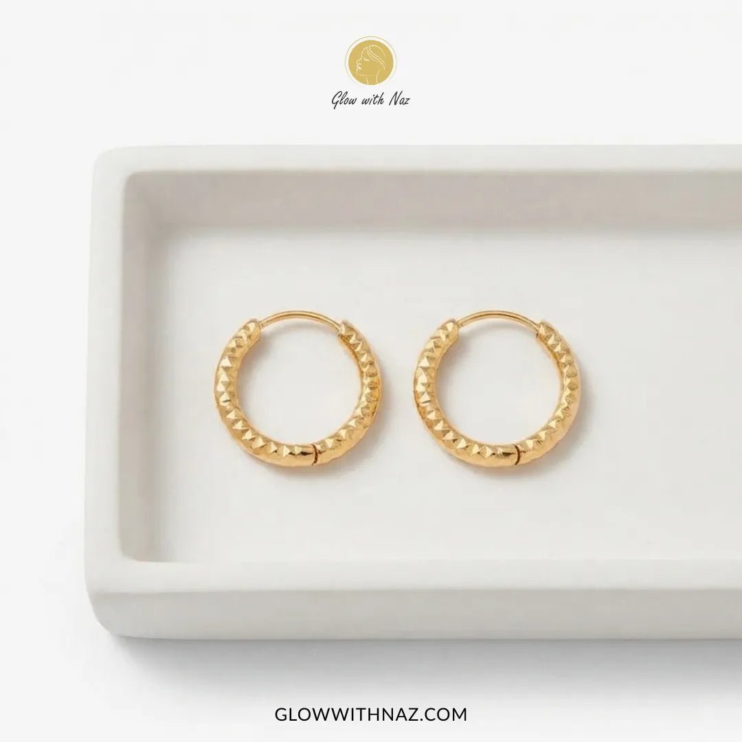 Gold Textured Diamond-Cut Bali Hoop Earrings - #Gold Textured Diamond-Cut Bali Hoop EarringsJewelryGlow With NazGlow With NazE089Gold plated diamond-cut textured bali hoop earrings with wire clasp by Glow With Naz#