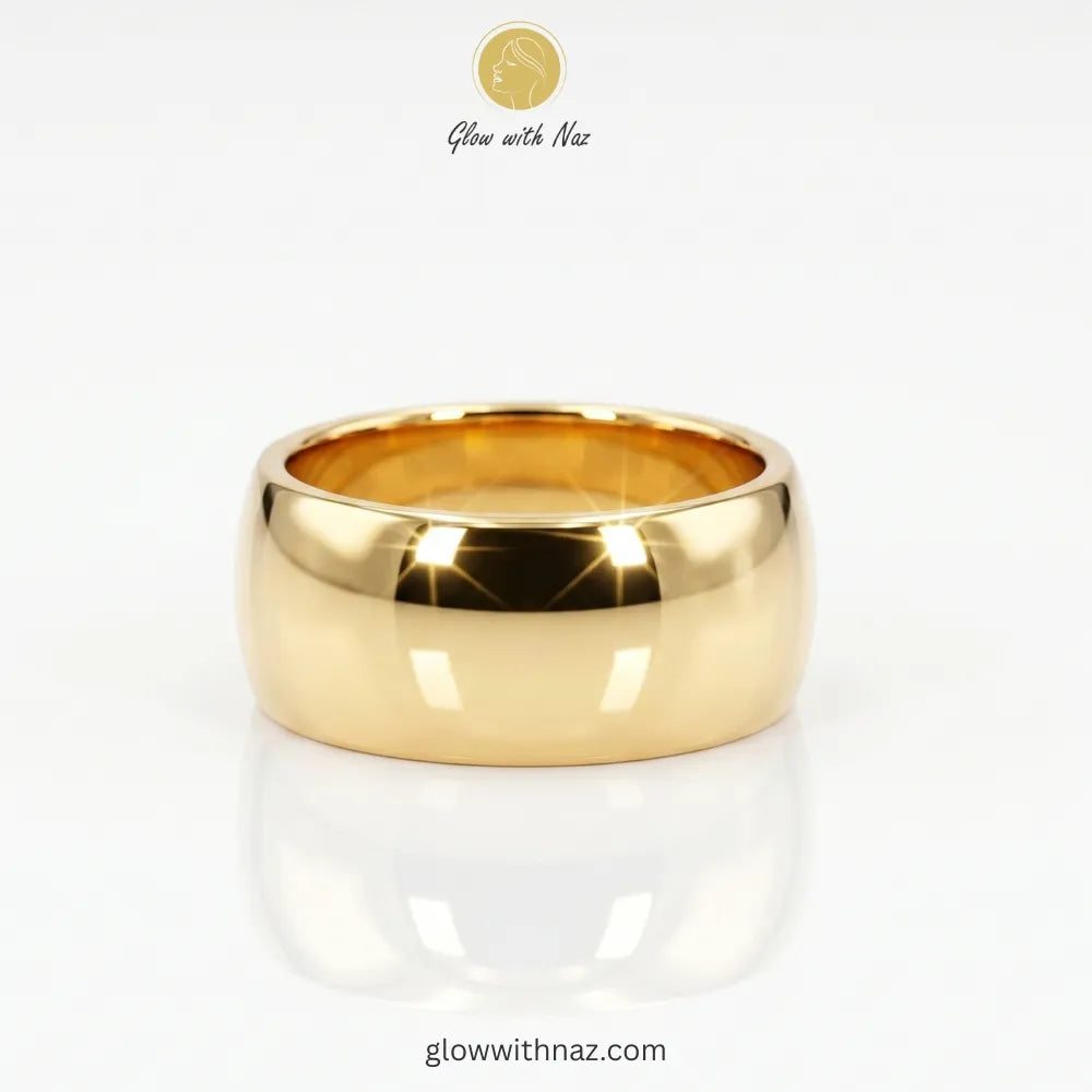 Gold wide dome band ring in mirror-polished 18K gold plated stainless steel, anti-tarnish chunky ring available online in Pakistan by Glow with Naz