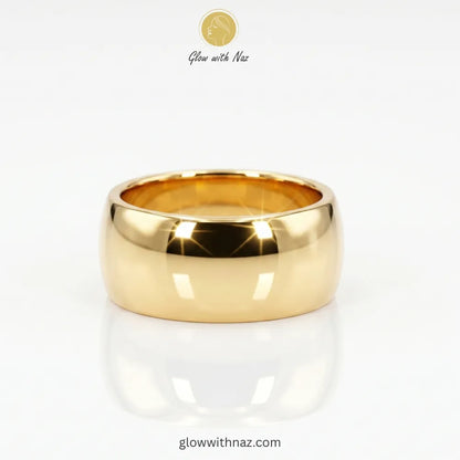 Gold wide dome band ring in mirror-polished 18K gold plated stainless steel, anti-tarnish chunky ring available online in Pakistan by Glow with Naz