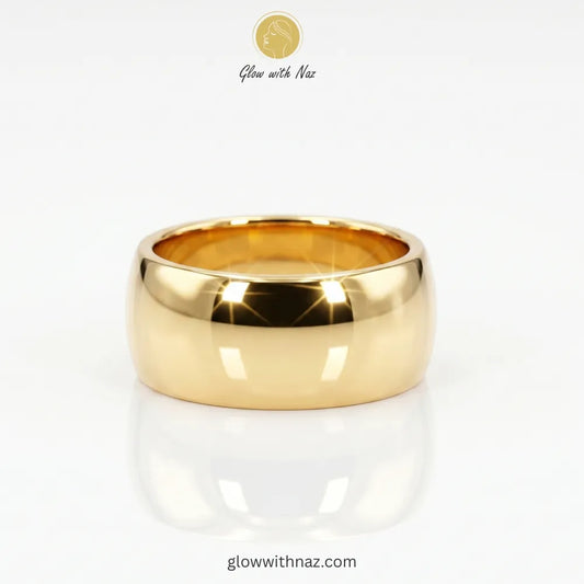 Gold wide dome band ring in mirror-polished 18K gold plated stainless steel, anti-tarnish chunky ring available online in Pakistan by Glow with Naz