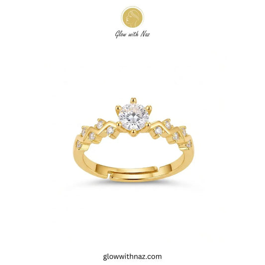 Gold zigzag white diamond ring with round center CZ solitaire and adjustable band by Glow With Naz