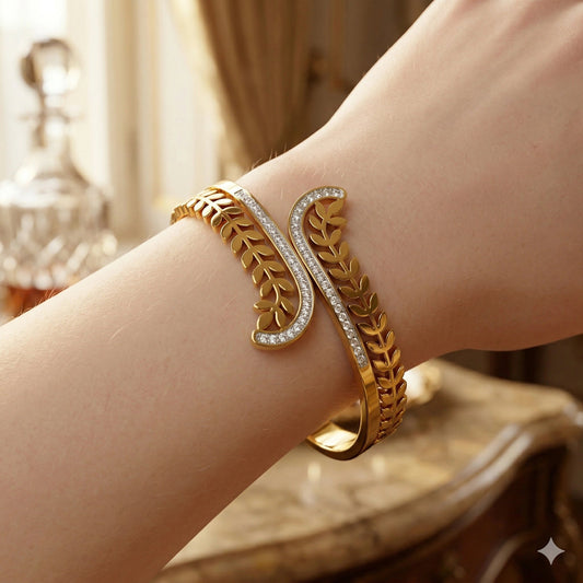 Golden Laurel Leaf Bypass Bangle – Sparkling Zircon - Encrusted Gold - Plated Cuff - Golden Laurel Leaf Bypass Bangle – Sparkling Zircon - Encrusted Gold - Plated CuffJewelryGlow with NazGlow With NazN-B008Golden Laurel Leaf Bypass Bangle – Sparkling Zircon - Encrusted Gold - Plated Cuff