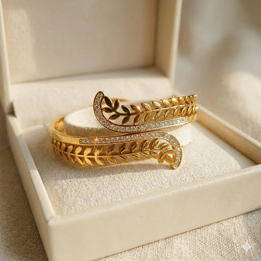 Golden Laurel Leaf Bypass Bangle – Sparkling Zircon - Encrusted Gold - Plated Cuff - Golden Laurel Leaf Bypass Bangle – Sparkling Zircon - Encrusted Gold - Plated CuffJewelryGlow with NazGlow With NazN-B008Golden Laurel Leaf Bypass Bangle – Sparkling Zircon - Encrusted Gold - Plated Cuff