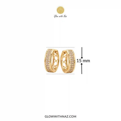 Golden Zircon Mid Size Slide Hoop for Women - Golden Zircon Mid Size Slide Hoop for WomenJewelryGlow With NazGlow With NazE058Gold hoop earrings with pavé-set clear stones and openwork detailing, shown on a white background with a 15 mm size marker and Glow with Naz branding.