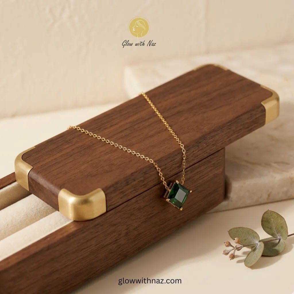 Green Square Zircon Gold Pendant Necklace - Green Square Zircon Gold Pendant NecklaceJewelryGlow With NazGlow With NazN-N034N-N034Emerald green square - cut zircon pendant on gold stainless steel chain displayed in dark green velvet - lined wooden jewelry box — anti - tarnish necklace by Glow with Naz