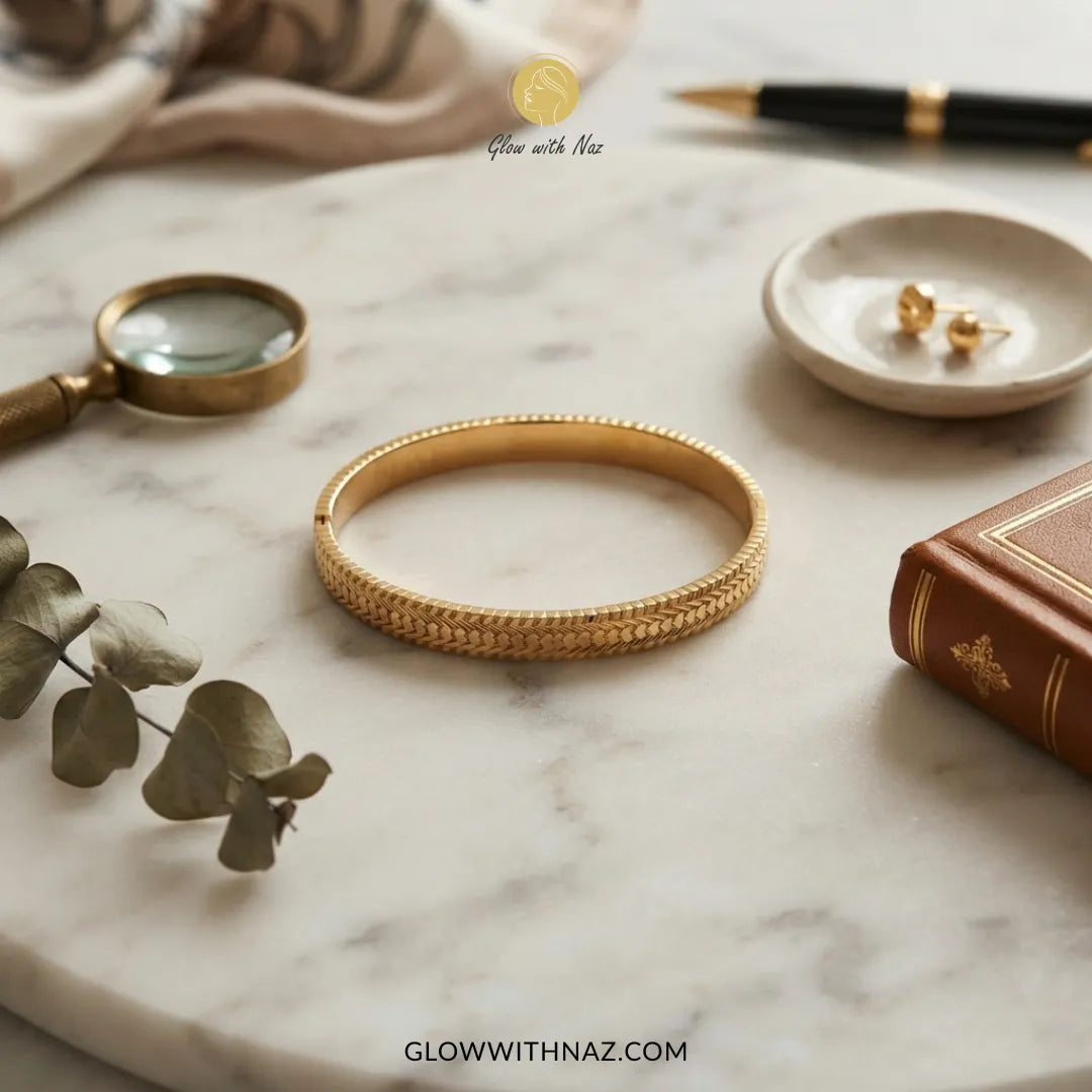 Gold heart line textured hinge cuff bangle displayed on marble platter by Glow With Naz