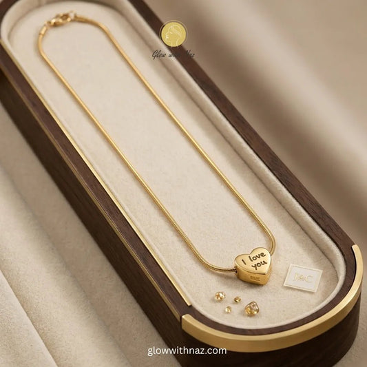 I Love You Gold Heart Pendant Necklace - I Love You Gold Heart Pendant NecklaceJewelryGlow With NazGlow With NazN-N033N-N033Gold - tone "I Love You" engraved heart pendant on snake chain necklace in premium wooden jewelry box — anti - tarnish stainless steel by Glow with Naz