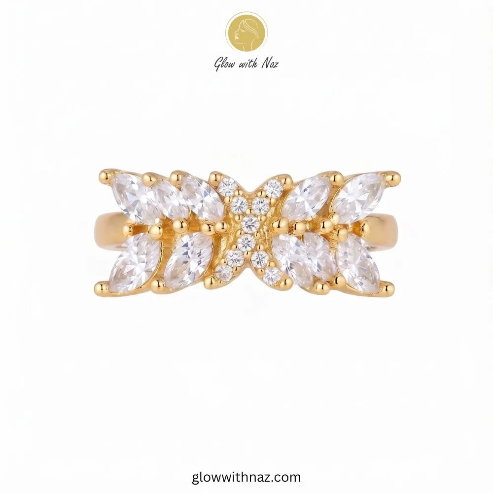 Gold marquise crystal adjustable cross ring with clear stones by Glow With Naz