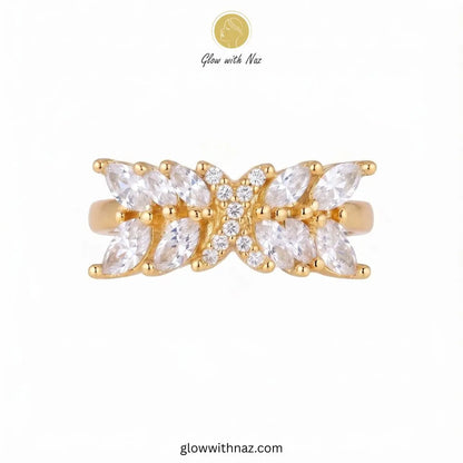 Gold marquise crystal adjustable cross ring with clear stones by Glow With Naz