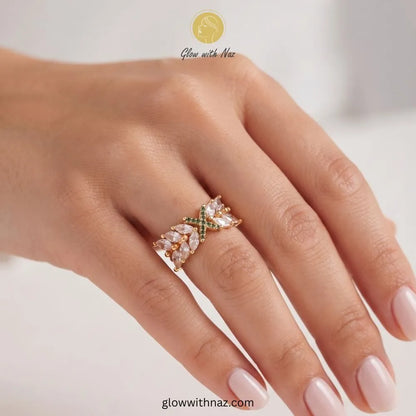 Marquise crystal green cross ring worn on finger model by Glow With Naz