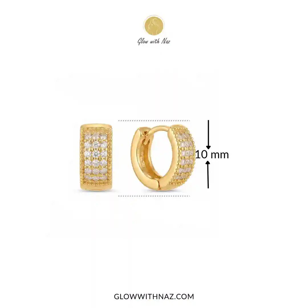 Minimal Zircon Mini Thick Hoops Earring for Girls - Minimal Zircon Mini Thick Hoops Earring for GirlsJewelryGlow With NazGlow With NazE055Gold huggie hoop earrings with pavé-set clear stones, shown from front and side views on a white background with a 10 mm size marker and Glow with Naz branding.