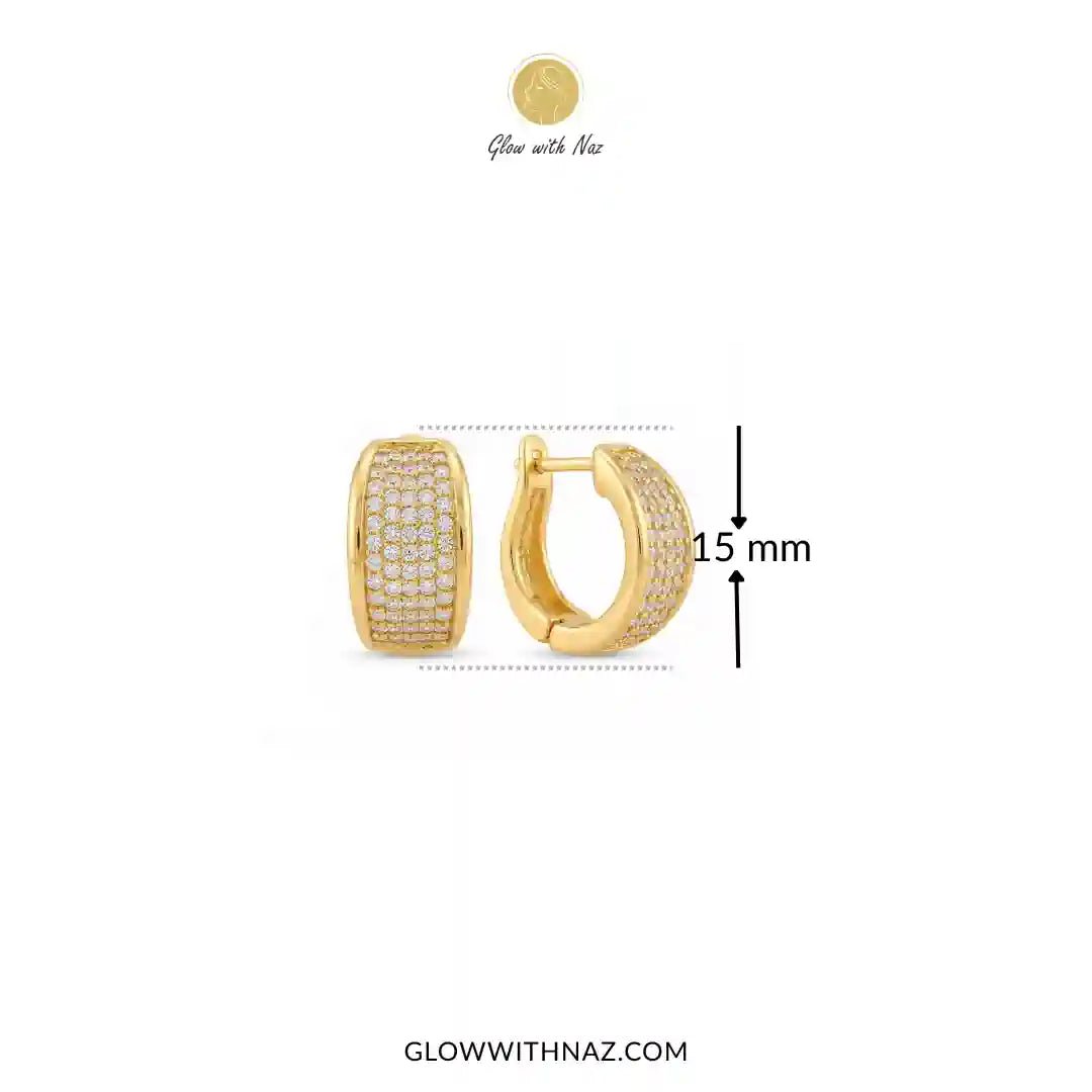 Minimalist Diamond Curvy Hoop Earrings for Girls - Minimalist Diamond Curvy Hoop Earrings for GirlsJewelryGlow With NazGlow With NazE056Gold huggie hoop earrings with pavé-set clear stones, shown on a white background with a 15 mm height measurement marker and Glow with Naz branding.
