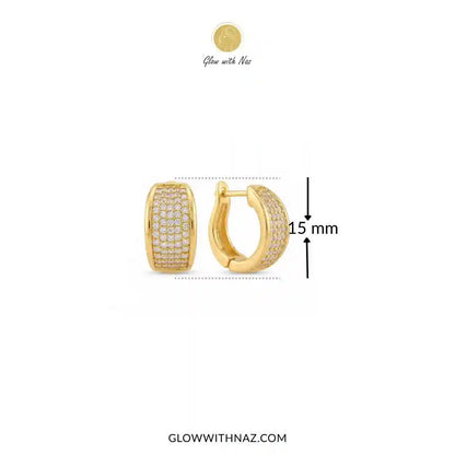 Minimalist Diamond Curvy Hoop Earrings for Girls - Minimalist Diamond Curvy Hoop Earrings for GirlsJewelryGlow With NazGlow With NazE056Gold huggie hoop earrings with pavé-set clear stones, shown on a white background with a 15 mm height measurement marker and Glow with Naz branding.