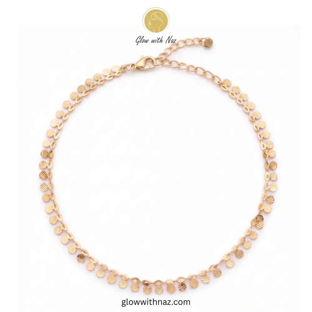 Minimalist Payal Dainty Gold Coin Anklet for Women - Minimalist Payal Dainty Gold Coin Anklet for WomenJewelryGlow With NazGlow With NazA003A003Flat lay of an unclasped gold anklet featuring small textured coin charms and an adjustable lobster clasp against a clean white background