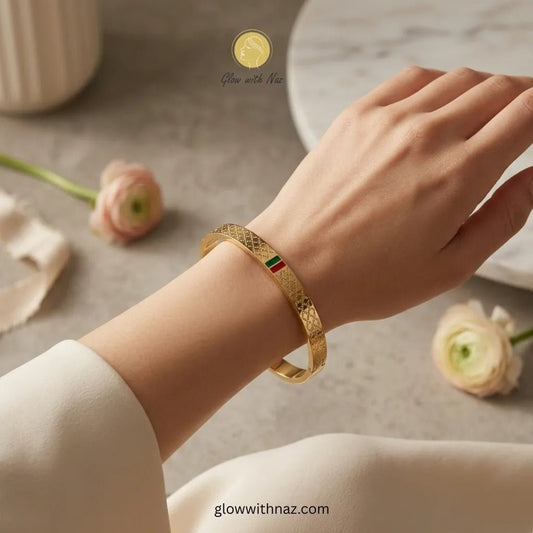 Nayab Red & Green Charm Gold Bangle Bracelet - Nayab Red & Green Charm Gold Bangle BraceletJewelryGlow With NazGlow With NazN-B017N-B017Nayab Red & Green Charm Gold Bangle Bracelet in Pakistan – Anti - Tarnish Pure Stainless Steel | Glow with Naz