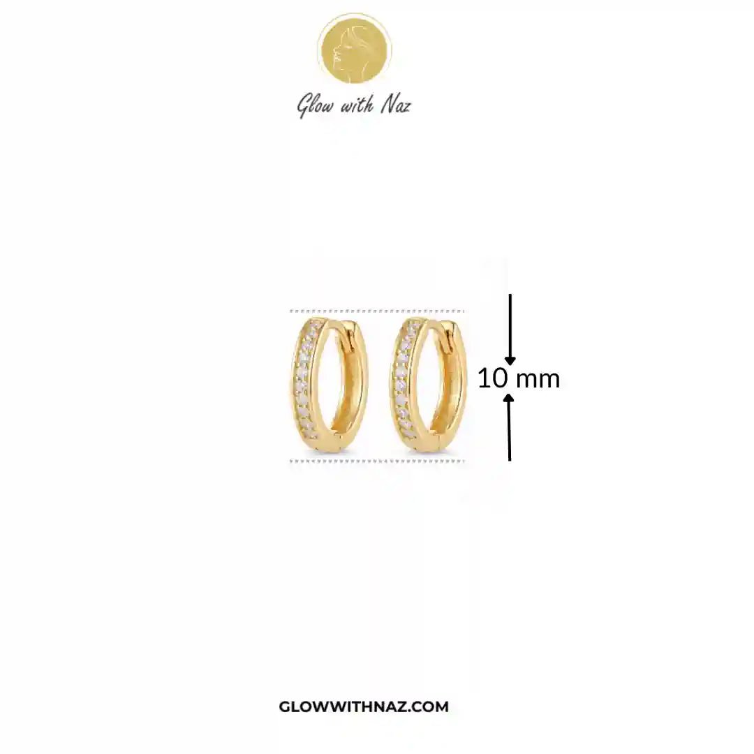 Premium Gold Plated Glass Crystal Hoops for Women - Premium Gold Plated Glass Crystal Hoops for WomenJewelryGlow With NazGlow With NazE040Gold hoop earrings with small clear stones, shown on a white background with a 10 mm size marker and Glow with Naz branding.
