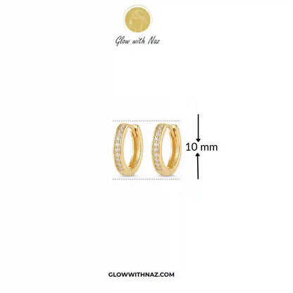 Premium Gold Plated Glass Crystal Hoops for Women - Premium Gold Plated Glass Crystal Hoops for WomenJewelryGlow With NazGlow With NazE040Gold hoop earrings with small clear stones, shown on a white background with a 10 mm size marker and Glow with Naz branding.