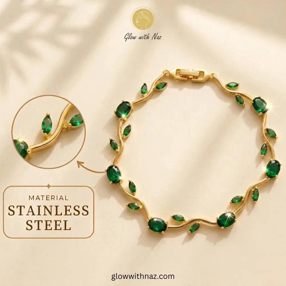 Premium Green Tulip Bracelet | Rapunzel Floral Stainless Steel Bracelet - Premium Green Tulip Bracelet | Rapunzel Floral Stainless Steel BraceletJewelryGlow With NazGlow With NazTB003AGold bracelet with green gemstones on a beige background, featuring the brand 'Glow with Naz'. Tulip Rapunzel bracelet, floral tulip bracelet, Rapunzel inspired jewelry, aesthetic tulip bracelet, trendy charm bracelet, stainless steel tulip bracelet, gold plated flower bracelet, delicate floral wrist accessory, cut