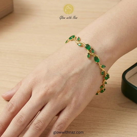 Premium Green Tulip Bracelet | Rapunzel Floral Stainless Steel Bracelet - Premium Green Tulip Bracelet | Rapunzel Floral Stainless Steel BraceletJewelryGlow With NazGlow With NazTB003AGold bracelet with green gemstones on a wrist, brand 'Glow with Naz' visible Tulip Rapunzel bracelet, floral tulip bracelet, Rapunzel inspired jewelry, aesthetic tulip bracelet, trendy charm bracelet, stainless steel tulip bracelet, gold plated flower bracelet, delicate floral wrist accessory, cute aesthetic jewelr