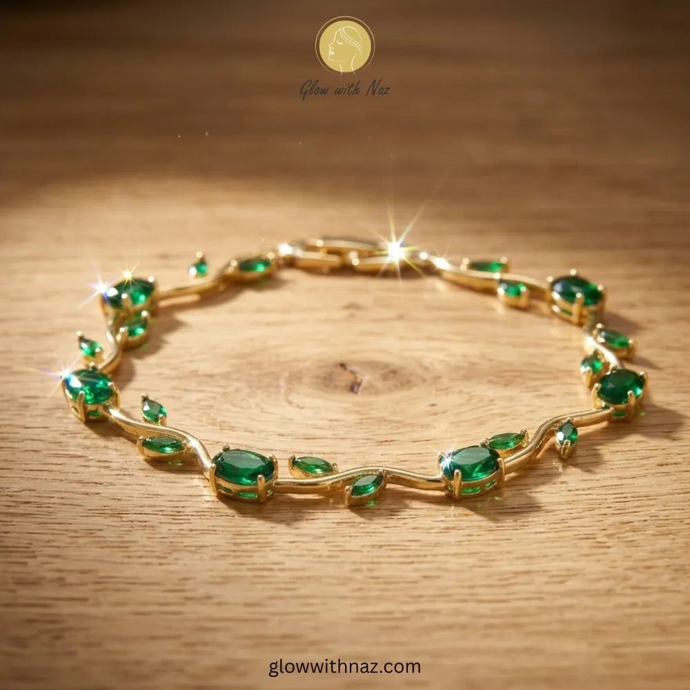 Premium Green Tulip Bracelet | Rapunzel Floral Stainless Steel Bracelet - Premium Green Tulip Bracelet | Rapunzel Floral Stainless Steel BraceletJewelryGlow With NazGlow With NazTB003AGold bracelet with green gemstones on a wooden surface, branded 'Glow with Naz'. Tulip Rapunzel bracelet, floral tulip bracelet, Rapunzel inspired jewelry, aesthetic tulip bracelet, trendy charm bracelet, stainless steel tulip bracelet, gold plated flower bracelet, delicate floral wrist accessory, cute aesthetic je