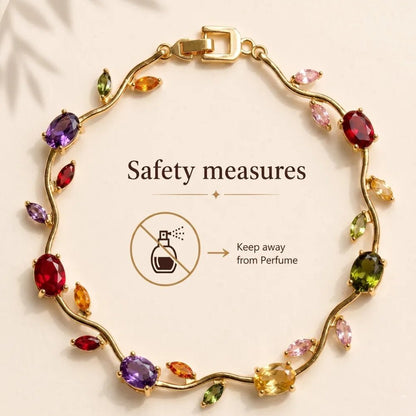 Premium Multi Color Tulip Bracelet | Rapunzel Floral Stainless Steel Bracelet - Premium Multi Color Tulip Bracelet | Rapunzel Floral Stainless Steel BraceletJewelryGlow With NazGlow With NazBracelet with colorful gemstones and safety measure warning on a beige background