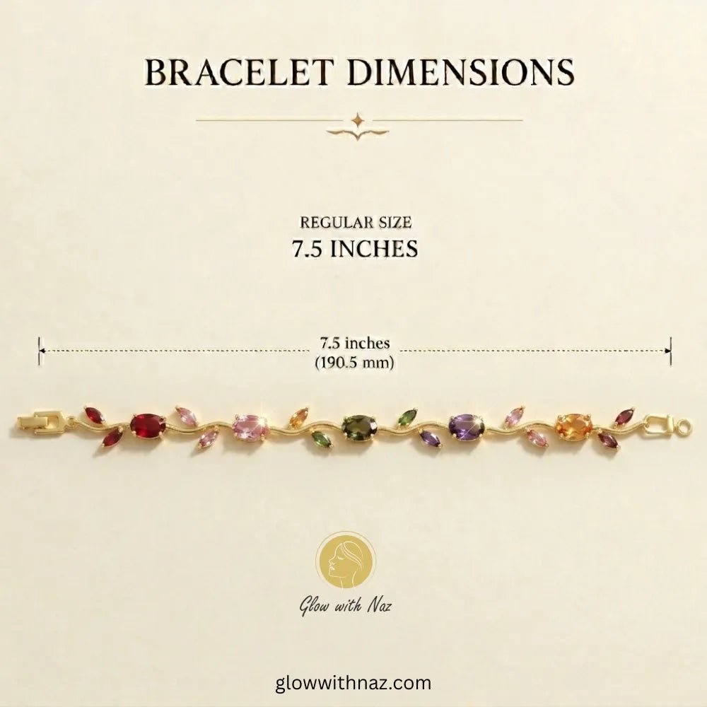 Premium Multi Color Tulip Bracelet | Rapunzel Floral Stainless Steel Bracelet - Premium Multi Color Tulip Bracelet | Rapunzel Floral Stainless Steel BraceletJewelryGlow With NazGlow With NazA bracelet dimension diagram showing a gold bracelet with multicolored gemstones on a cream background, with text reading 'BRACELET DIMENSIONS' and 'REGULAR SIZE 7.5 INCHES'. Tulip Rapunzel bracelet, floral tulip bracelet, Rapunzel inspired jewelry, aesthetic tulip bracelet, trendy charm bracelet, stainless s