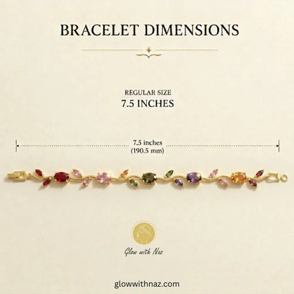Premium Multi Color Tulip Bracelet | Rapunzel Floral Stainless Steel Bracelet - Premium Multi Color Tulip Bracelet | Rapunzel Floral Stainless Steel BraceletJewelryGlow With NazGlow With NazA bracelet dimension diagram showing a gold bracelet with multicolored gemstones on a cream background, with text reading 'BRACELET DIMENSIONS' and 'REGULAR SIZE 7.5 INCHES'. Tulip Rapunzel bracelet, floral tulip bracelet, Rapunzel inspired jewelry, aesthetic tulip bracelet, trendy charm bracelet, stainless s