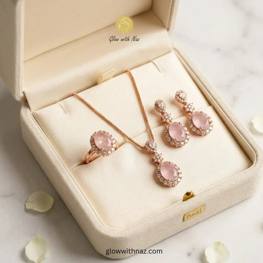 Rose Gold Pink Stone Locket Set - Rose Gold Pink Stone Locket SetJewelryGlow With NazGlow With NazRose Gold Pink Quartz Halo Jewelry Set