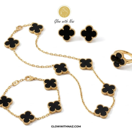 Royal Clover 4-Piece Complete Black Clover Stainless Steel Jewelry Set - Royal Clover 4-Piece Complete Black Clover Stainless Steel Jewelry SetJewelryGlow with NazGlow With NazN-N001N-N001necklace, pendant necklace, necklace set, locket set, simple necklace, pendant set, pendant, chain necklace, diamond pendant, diamond necklace, locket necklace, neck chain, girls locket, heart locket, pendant for girls, necklace for girls, heart necklace, locket for girls, diamond locket, pendant necklace for g