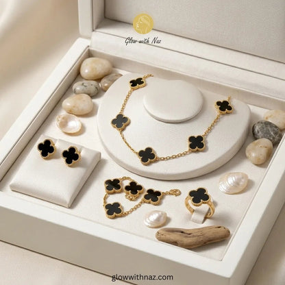 Royal Clover 4-Piece Complete Black Clover Stainless Steel Jewelry Set - Royal Clover 4-Piece Complete Black Clover Stainless Steel Jewelry SetJewelryGlow with NazGlow With NazN-N001N-N001This 4-piece stainless steel set includes a necklace, bracelet, earrings, and ring, showcasing timeless black clover elegance. necklace, pendant necklace, necklace set, locket set, simple necklace, pendant set, pendant, chain necklace, diamond pendant, diamond necklace, locket necklace, neck chain, girls locket