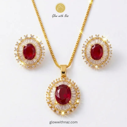 Royal Elegance Ruby Red Zircon & Crystal Jewelry Set - Royal Elegance Ruby Red Zircon & Crystal Jewelry SetGlow With NazGlow With NazN0040Classic ruby red halo pendant necklace and earring set by Glow with Naz necklace, pendant necklace, necklace set, locket set, simple necklace, pendant set, pendant, chain necklace, diamond pendant, diamond necklace, locket necklace, neck chain, girls locket, heart locket, pendant for girls, necklace for girls, heart necklace, locket for girls, diamond locket, 