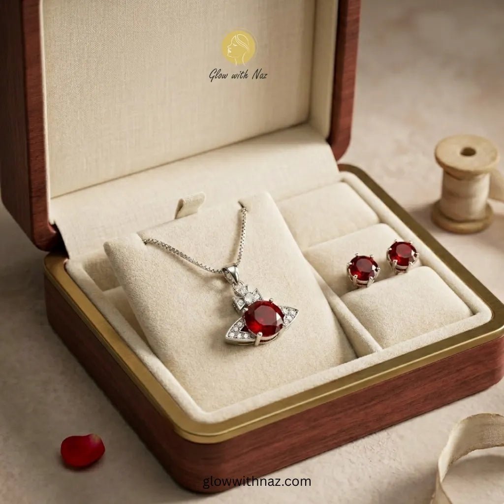 Ruby Red Zircon Pendant & Earrings Set - Ruby Red Zircon Pendant & Earrings SetJewelryGlow With NazGlow With NazN-N032N-N032Ruby red zircon pendant necklace and matching stud earrings in premium wooden - finish luxury jewelry box — anti - tarnish stainless steel set by Glow with Naz