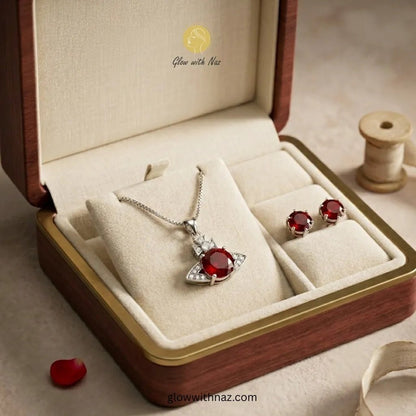 Ruby Red Zircon Pendant & Earrings Set - Ruby Red Zircon Pendant & Earrings SetJewelryGlow With NazGlow With NazN-N032N-N032Ruby red zircon pendant necklace and matching stud earrings in premium wooden - finish luxury jewelry box — anti - tarnish stainless steel set by Glow with Naz