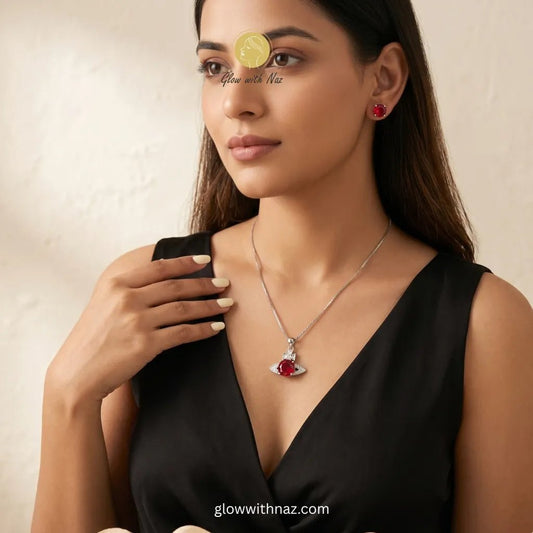 Ruby Red Zircon Pendant & Earrings Set - Ruby Red Zircon Pendant & Earrings SetJewelryGlow With NazGlow With NazN-N032N-N032Ruby red zircon pendant necklace and matching stud earrings in premium wooden - finish luxury jewelry box — anti - tarnish stainless steel set by Glow with Naz