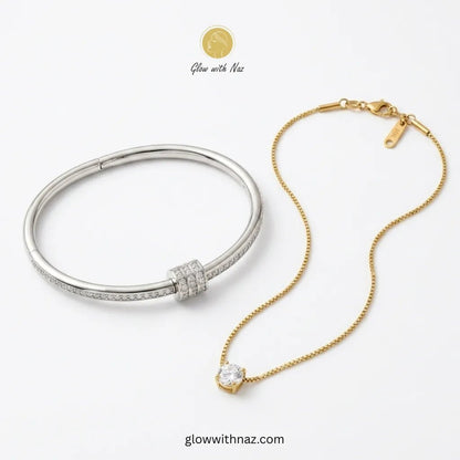 Silver Bangle & Gold Bracelet Deal Offer - Silver Bangle & Gold Bracelet Deal OfferJewelryGlow With NazGlow With Naz100012100012Silver Crystal Bangle & Gold Solitaire Zircon Bracelet Deal Offer in Pakistan – Anti - Tarnish Stainless Steel Combo | Glow with Naz