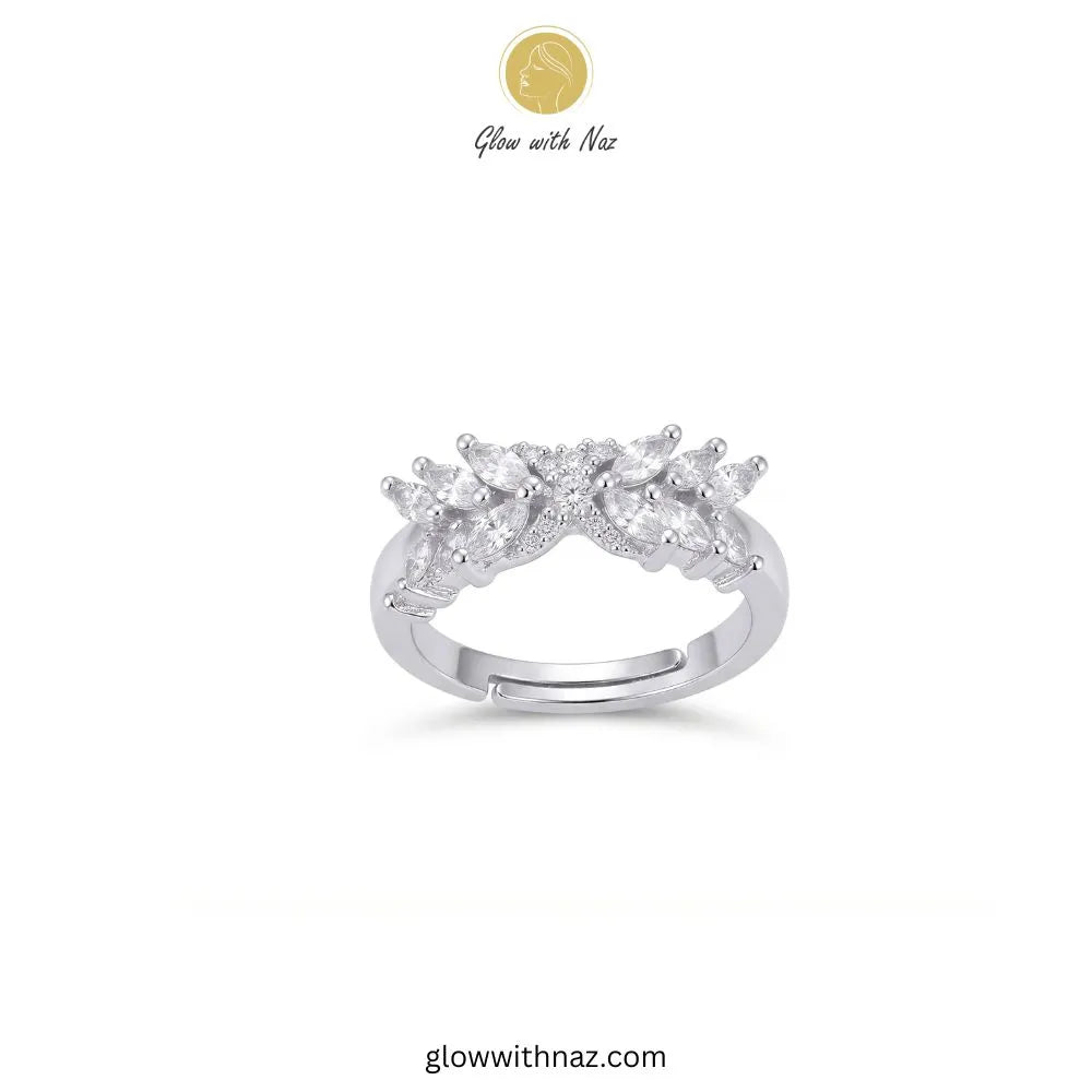 Silver marquise crystal cross ring with clear pave emblem front view by Glow With Naz