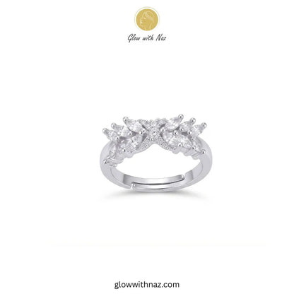 Silver marquise crystal cross ring with clear pave emblem front view by Glow With Naz