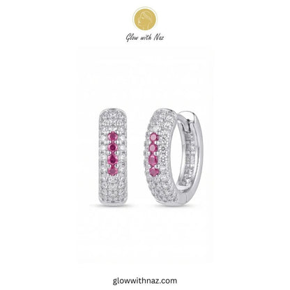 Silver Multi-Row Pavé Zircon Huggie Hoop Earrings - #Silver Multi-Row Pavé Zircon Huggie Hoop EarringsJewelryGlow With NazGlow With NazPinkSilver multi row pave zircon huggie hoop earrings featuring 4 pink center accent stones by Glow With Naz#