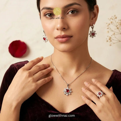 Silver Ruby Red Heart Jewelry Set - Silver Ruby Red Heart Jewelry SetJewelryGlow With NazGlow With NazN-N027N-N027 Silver Ruby Red Heart Pendant, Earrings & Ring 3 - Piece Jewelry Set in Pakistan – Anti - Tarnish Pure Stainless Steel | Glow with Naz