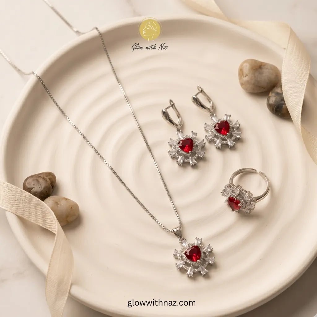 Silver Ruby Red Heart Jewelry Set - Silver Ruby Red Heart Jewelry SetJewelryGlow With NazGlow With NazN-N027N-N027Silver Ruby Red Heart Pendant, Earrings & Ring 3 - Piece Jewelry Set Online Pakistan | Glow with Naz