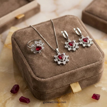 Silver Ruby Red Heart Jewelry Set - Silver Ruby Red Heart Jewelry SetJewelryGlow With NazGlow With NazN-N027N-N027Silver ruby red heart pendant necklace, drop earrings and adjustable ring 3 - piece bridal jewelry set on ceramic plate — anti - tarnish stainless steel set online in Pakistan by Glow with Naz