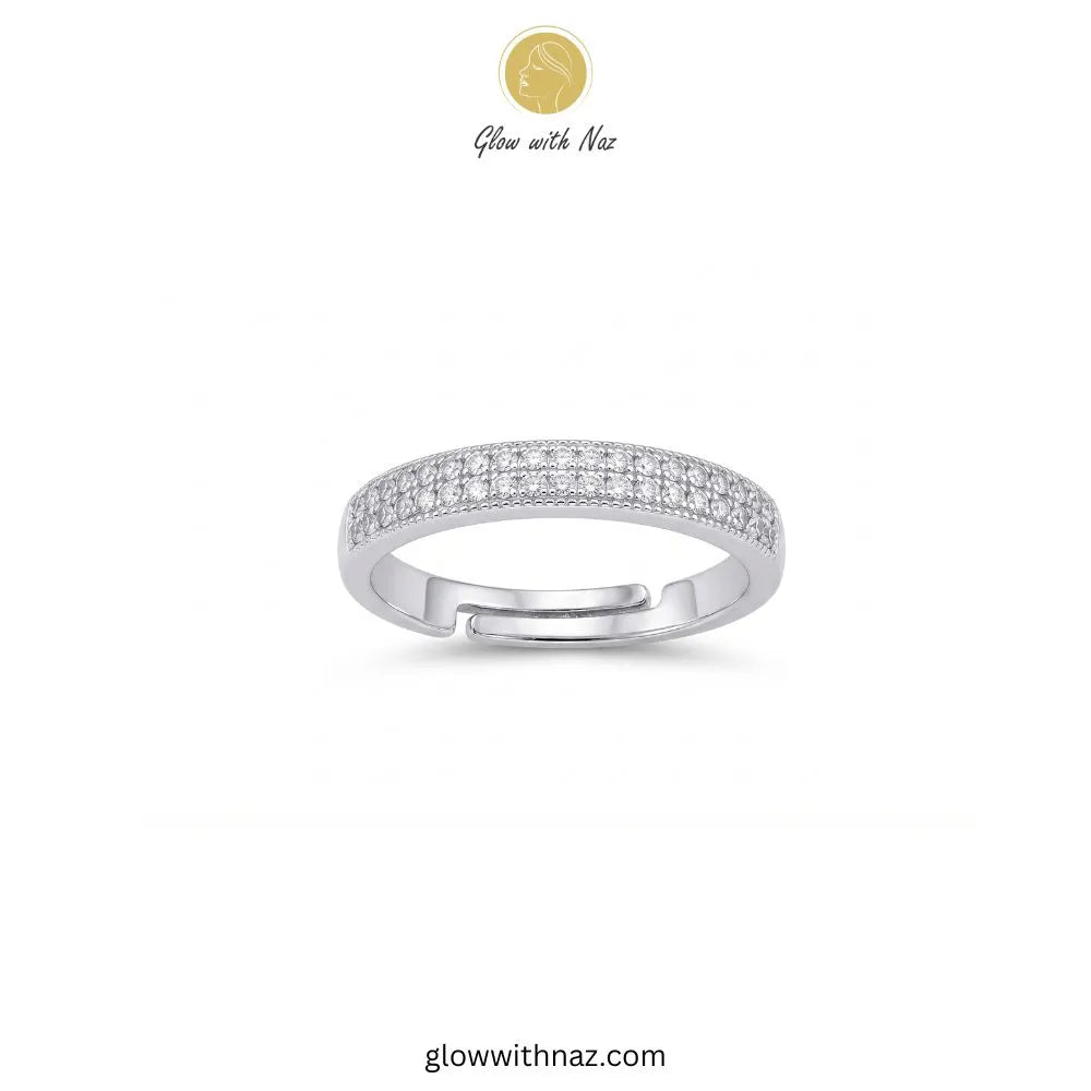 Silver zircon 2 line diamond challa ring with double row pave stones and adjustable band by Glow With Naz