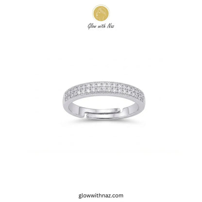 Silver zircon 2 line diamond challa ring with double row pave stones and adjustable band by Glow With Naz