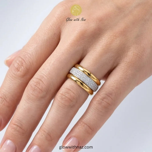 Stainless Steel 3 Layer Crystal Pave Stacking Rings Set - Stainless Steel 3 Layer Crystal Pave Stacking Rings SetJewelryGlow With NazGlow With NazR029 B8Pure Stainless Steel stacking rings, highlighting the dazzling pave crystals and radiant gold finish ring, girls rings, rings for girls, rings simple, simple rings, stainless steel jewelry, jewellery set, aesthetic jewelry, simple jewellery, chain, jewelry, artificial jewellery