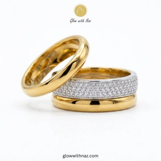 Stainless Steel 3 Layer Crystal Pave Stacking Rings Set - Stainless Steel 3 Layer Crystal Pave Stacking Rings SetJewelryGlow With NazGlow With NazR029 B8Crystal Pave Set of 3 resting elegantly in a plush white ring box, showcasing the beautiful contrast between the smooth gold bands and the crystal-encrusted center by Glow With Nazring, girls rings, rings for girls, rings simple, simple rings, stainless steel jewelry, jewellery set, aesthetic jewelry, simple jewellery, chain, jewelry, artificial