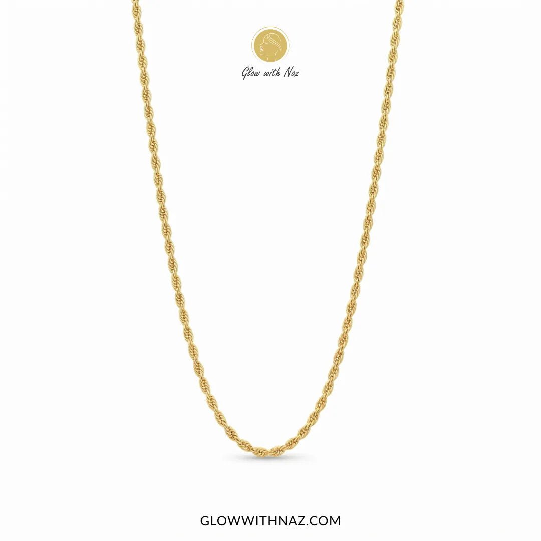 Tarnish-Free Elegant Gold Rope Long Chain for Women - #Tarnish-Free Elegant Gold Rope Long Chain for WomenJewelryGlow With NazGlow With NazN0065A gold chain necklace displayed on a clean white background, with a small circular gold emblem and the text 'Glow with Naz' above the necklace, and 'GLOWWITHNAZ.COM' at the bottom.#