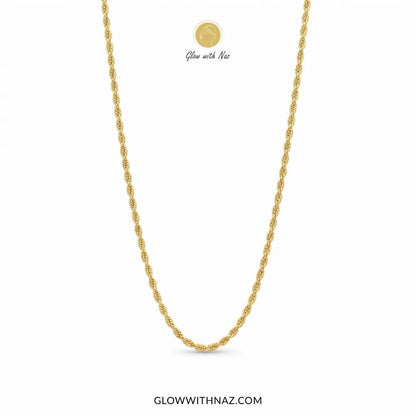 Tarnish-Free Elegant Gold Rope Long Chain for Women - #Tarnish-Free Elegant Gold Rope Long Chain for WomenJewelryGlow With NazGlow With NazN0065A gold chain necklace displayed on a clean white background, with a small circular gold emblem and the text 'Glow with Naz' above the necklace, and 'GLOWWITHNAZ.COM' at the bottom.#