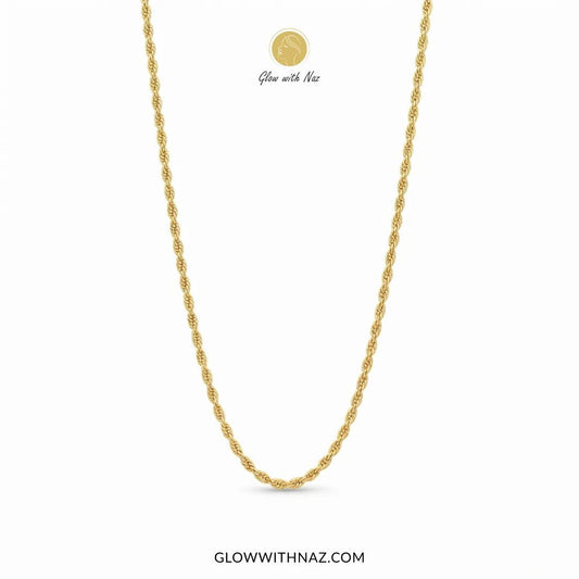 Tarnish-Free Elegant Gold Rope Long Chain for Women - #Tarnish-Free Elegant Gold Rope Long Chain for WomenJewelryGlow With NazGlow With NazN0065A gold chain necklace displayed on a clean white background, with a small circular gold emblem and the text 'Glow with Naz' above the necklace, and 'GLOWWITHNAZ.COM' at the bottom.#