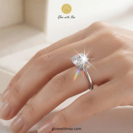 The Signature Adjustable Big Round Silver Diamond Ring - The Signature Adjustable Big Round Silver Diamond RingJewelryGlow With NazGlow With NazR025A silver solitaire ring with a heart-shaped clear gemstone worn on a hand, featuring a bright starburst effect and a gold-toned logo for Glow with Naz at the top. ring, girls rings, rings for girls, rings simple, simple rings, stainless steel jewelry, jewellery set, aesthetic jewelry, simple jewellery, chain, jewelry, artificial jewellery