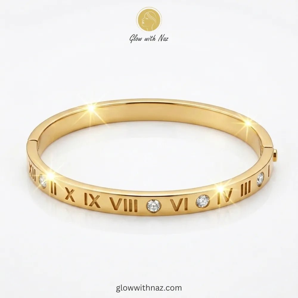 Timeless Roman Numeral Stainless Steel Hand Cuff Bracelet & Ring - Timeless Roman Numeral Stainless Steel Hand Cuff Bracelet & RingJewelryGlow With NazGlow With Naz7Elegant Roman numeral gold bangle with sparkling stone accents by Glow with Naz